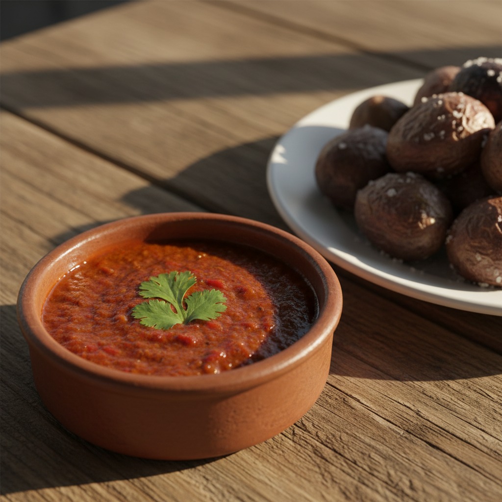 Un cuenco de barro con salsa roja decorada con una hoja de cilantro junto a un plato de papas arrugadas sobre una mesa de madera.